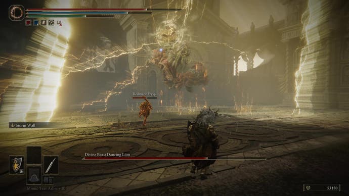 The Divine Beast Dancing Lion unleashes a lightning attack in Elden Ring Shadow of the Erdtree.