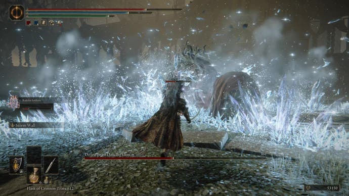 The Divine Beast Dancing Lion unleashes a large ice attack in Elden Ring Shadow of the Erdtree.