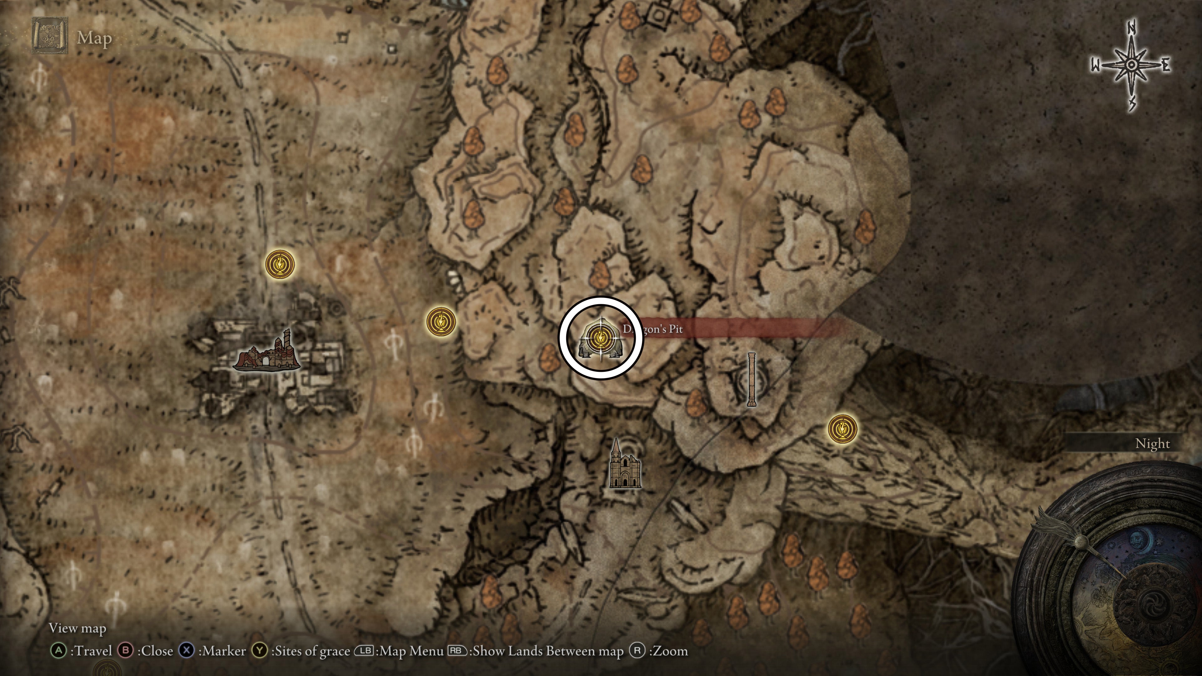A map screen in Shadow of the Erdtree showing the location of Dragon&rsquo;s Pit in Gravesite Plain