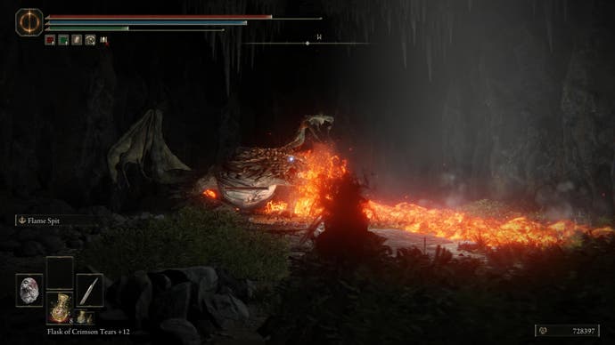 A warrior fights a fire-breathing wyrm in the Dragon's Pit in Shadow of the Erdtree