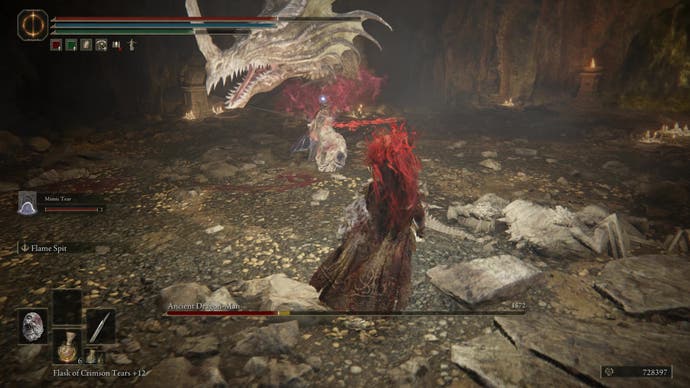A small dragon summons a much larger dragon head in the boss fight against the Ancient Dragon-Man in Shadow of the Erdtree.