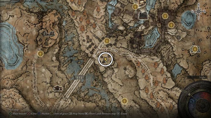 A map screen from Elden Ring’s Shadow of the Erdtree expansion showing the location of the Firespark Perfume Bottle in Gravesite Plain