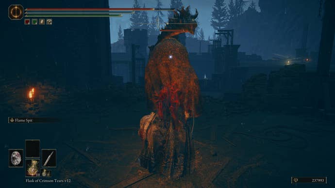 A warrior sneaks up behind a masked knight in the Fort of Reprimand in Shadow of the Erdtree.