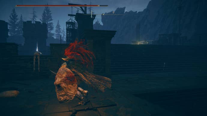 A warrior approaches a corpse inside the Fort of Reprimand in Shadow of the Erdtree.