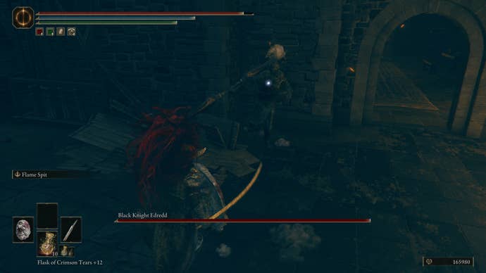 A warrior fights Black Knight Edredd in the Fort of Reprimand in Shadow of the Erdtree.