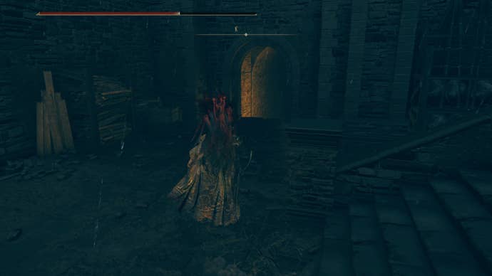 A warrior approaches a staircase in the Fort of Reprimand in Shadow of the Erdtree.