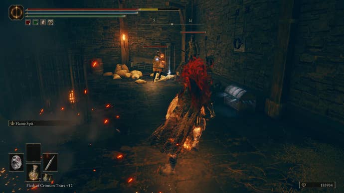 A warrior fights soldiers in a basement in the Fort of Reprimand in Shadow of the Erdtree.