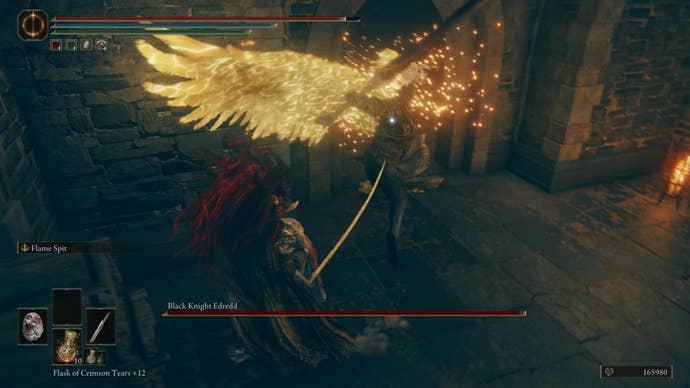 A warrior fights a knight with flaming wings in the Fort of Reprimand in Shadow of the Erdtree.