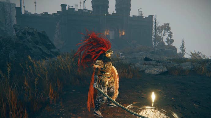 A warrior stands up from a Site of Grace in front of the Fort of Reprimand in Shadow of the Erdtree.