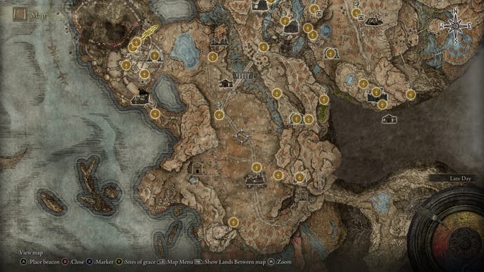 A map screen of the Gravesite Plain region in Elden Ring's Shadow of the Erdtree expansion.