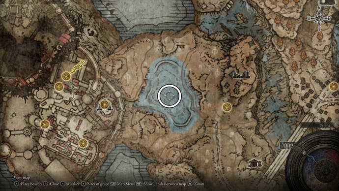 A map screen from Elden Ring's Shadow of the Erdtree expansion showing the location of the Great Katana in Gravesite Plain