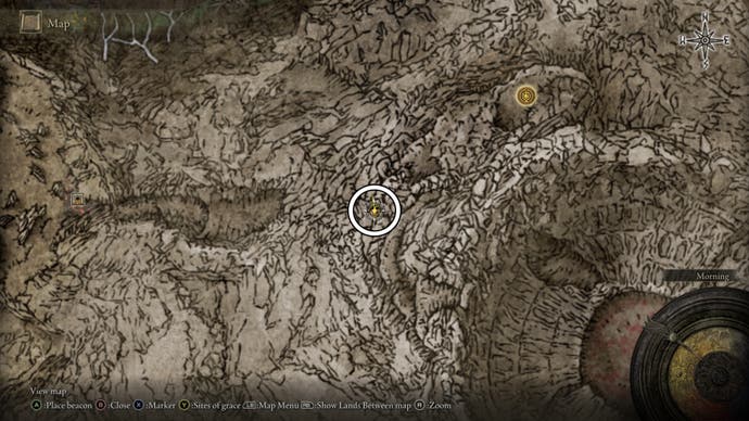 A map screen from Shadow of the Erdtree showing a location of a painting reward in Jagged Peak