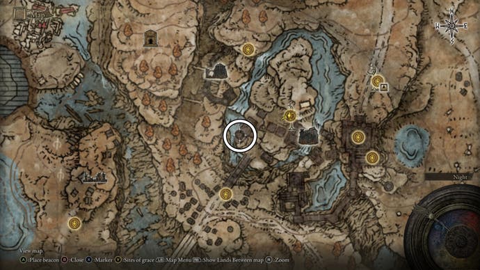 A map screen from Elden Ring's Shadow of the Erdtree expansion showing the location of Milday in Gravesite Plain