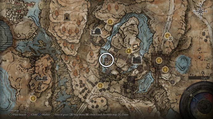 A map screen from Elden Ring’s Shadow of the Erdtree expansion showing the location of Milday in Gravesite Plain