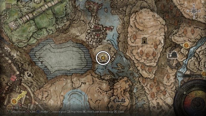 A map screen from Shadow of the Erdtree showing the location of the Rivermouth Cave in Gravesite Plain.