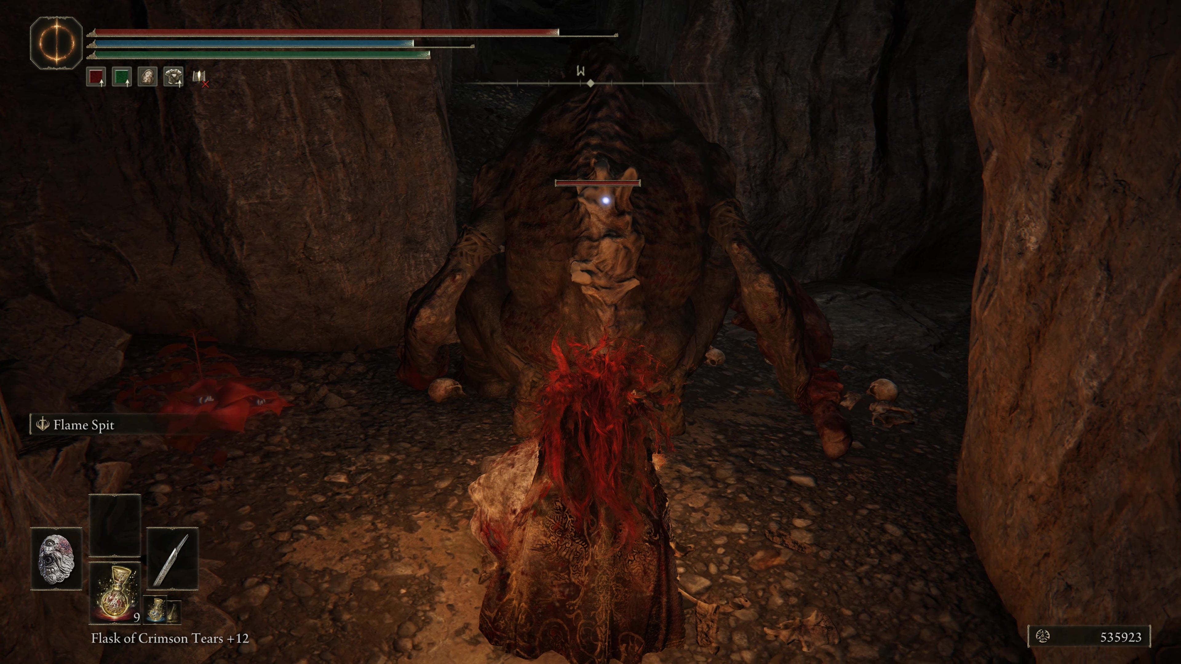 A warrior creeps up behind a troll inside  the Rivermouth Cave in Shadow of the Erdtree.