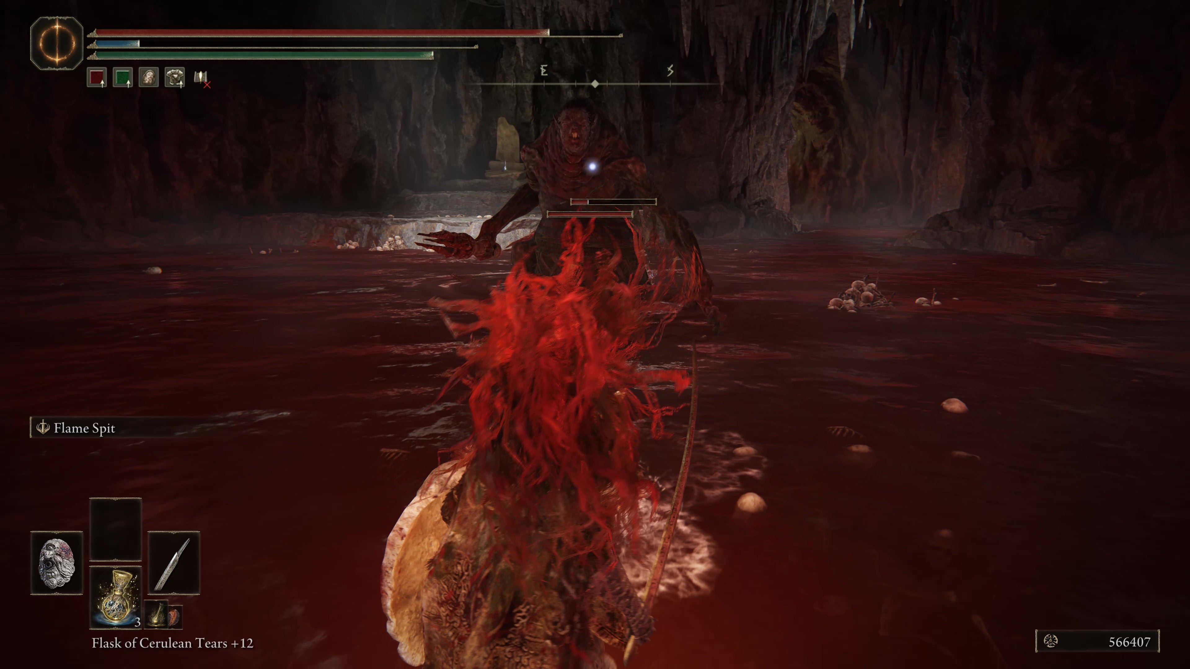 A warrior faces two large trolls in a pool of blood in the Rivermouth Cave in Shadow of the Erdtree.