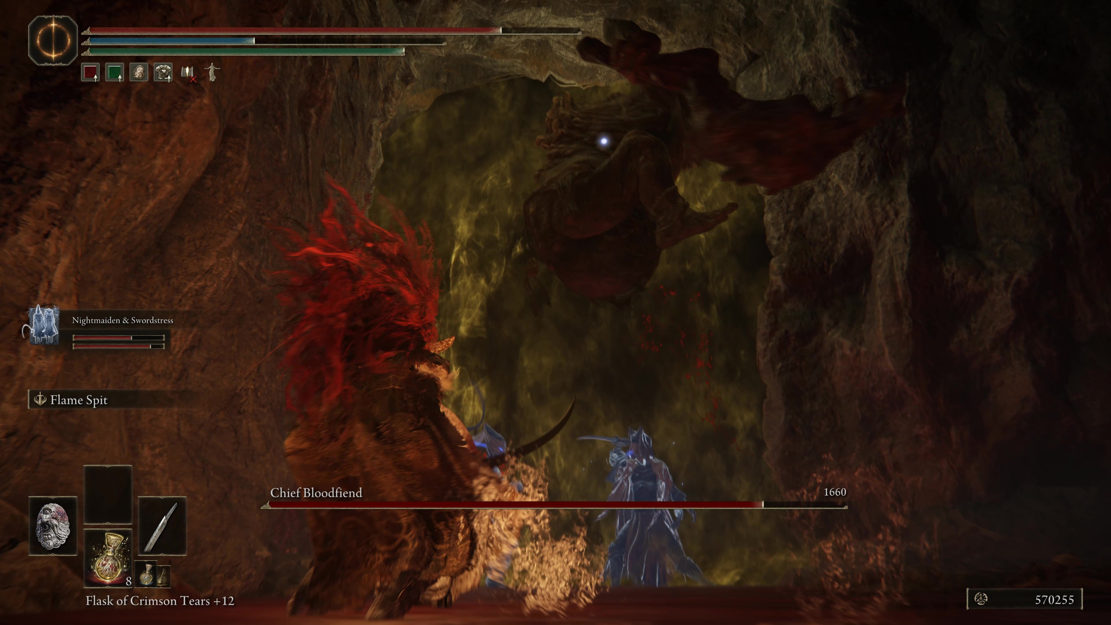 The Chief Bloodfiend jumps up into the air inside the Rivermouth Cave in Shadow of the Erdtree.