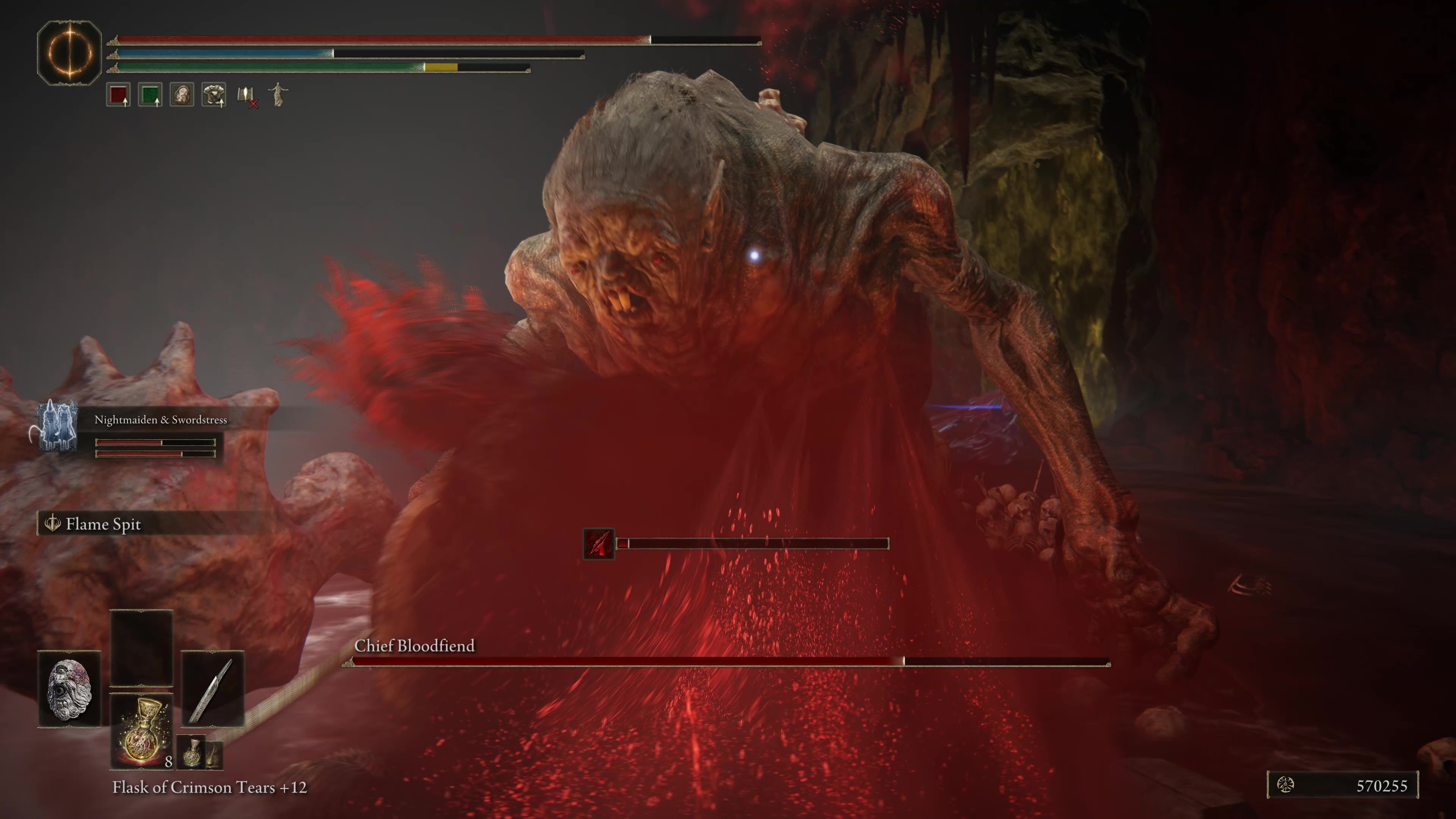 The Chief Bloodfiend vomits blood on a warrior in Shadow of the Erdtree.