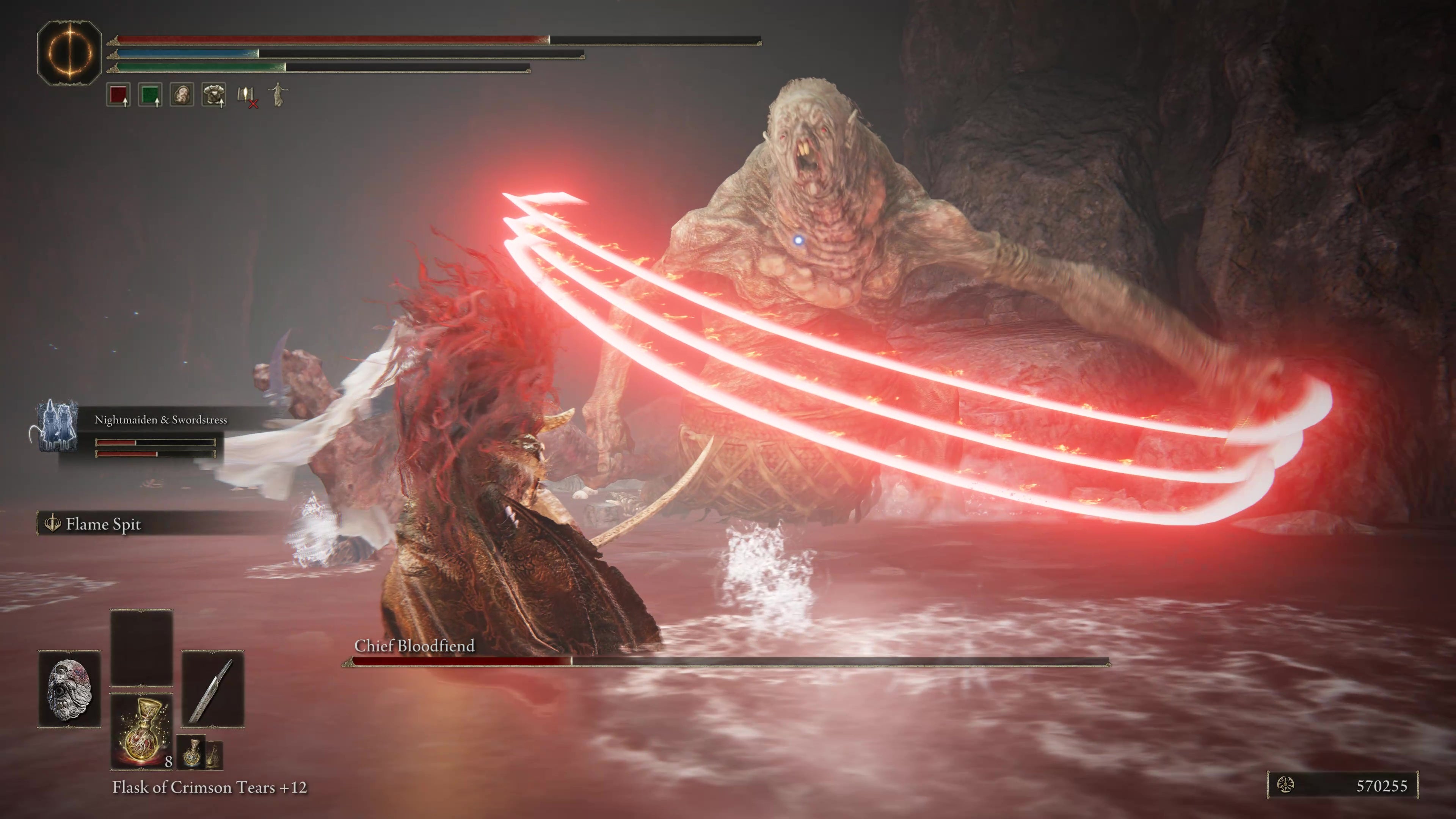 The Chief Bloodfiend slashes through the air with three claws in Shadow of the Erdtree.