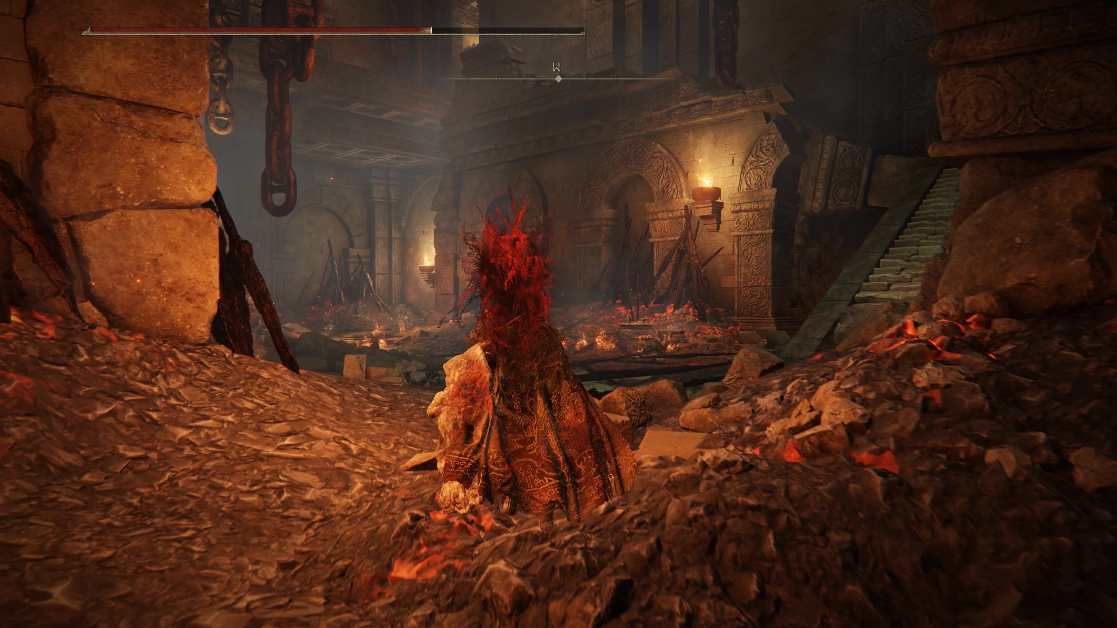 A warrior enters a large room inside the Ruined Forge Lava Intake dungeon in Shadow of the Erdtree.