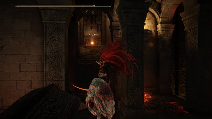 A warrior spies an altar in the Ruined Forge Lava Intake dungeon in Shadow of the Erdtree.