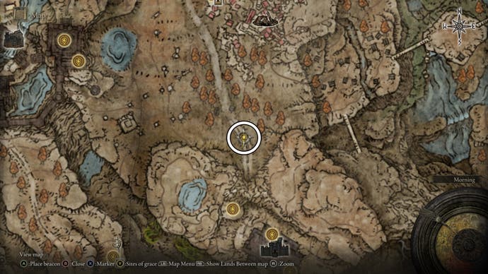 A map screen from Shadow of the Erdtree showing the location of a Somber Ancient Dragon Smithing Stone in Scadu Atlus.
