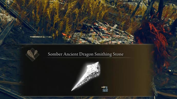 A menu pop-up for a Somber Ancient Dragon Smithing Stone in Shadow of the Erdtree.