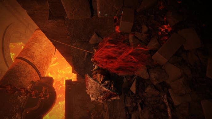 A warrior drops down to a lower platform in Taylew’s Ruined Forge in Shadow of the Erdtree.