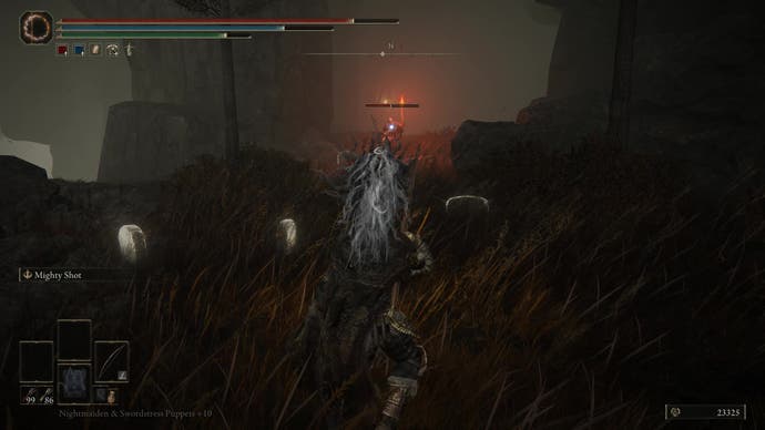 A warrior fires a bow and arrow at a torch-wielding soldier in Shadow of the Erdtree