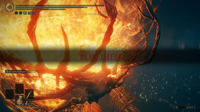 The words YOU DIED appear above a flaming Furnace Golem in Elden Ring Shadow of the Erdtree.