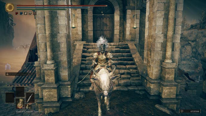 A warrior sits on a horse outside a closed door in Shadow of the Erdtree.