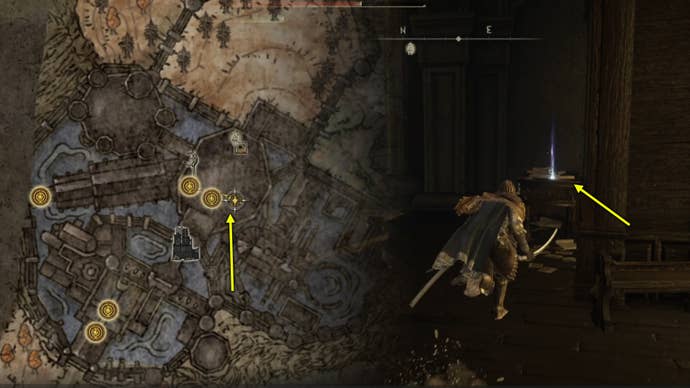 Elden Ring screenshots showing where to get the Secret Rite Scroll in Shadow Of The Erdtree. Left shows the map location.