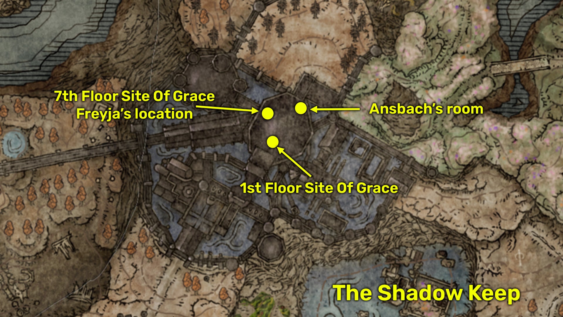 Elden Ring: Shadow Of The Erdtree map locations within the Shadow Keep showing where to find Ansbach and Freyja. - 4