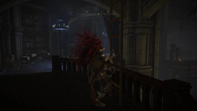 A warrior climbs a ladder on the way to the Shadow Keep’s Back Gate in Elden Ring Shadow of the Erdtree.