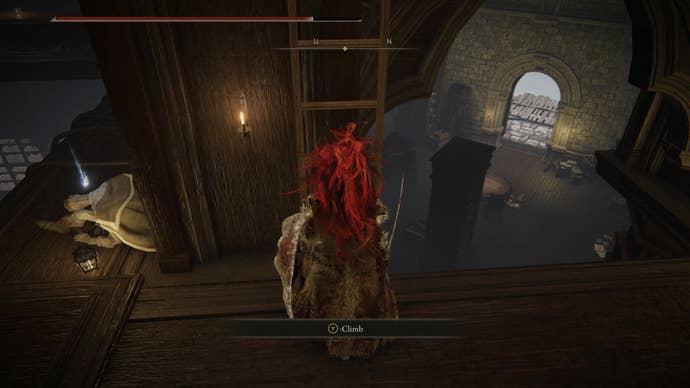 A warrior descends a ladder and nears an outside doorway on the way to the Shadow Keep’s Back Gate in Elden Ring Shadow of the Erdtree.