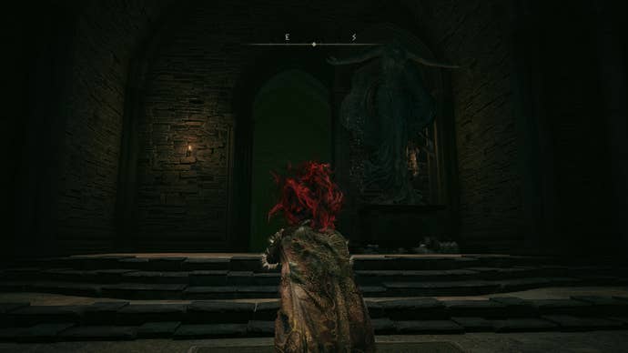 A statue moves to the right as a warrior performs the O Mother gesture in Elden Ring Shadow of the Erdtree.