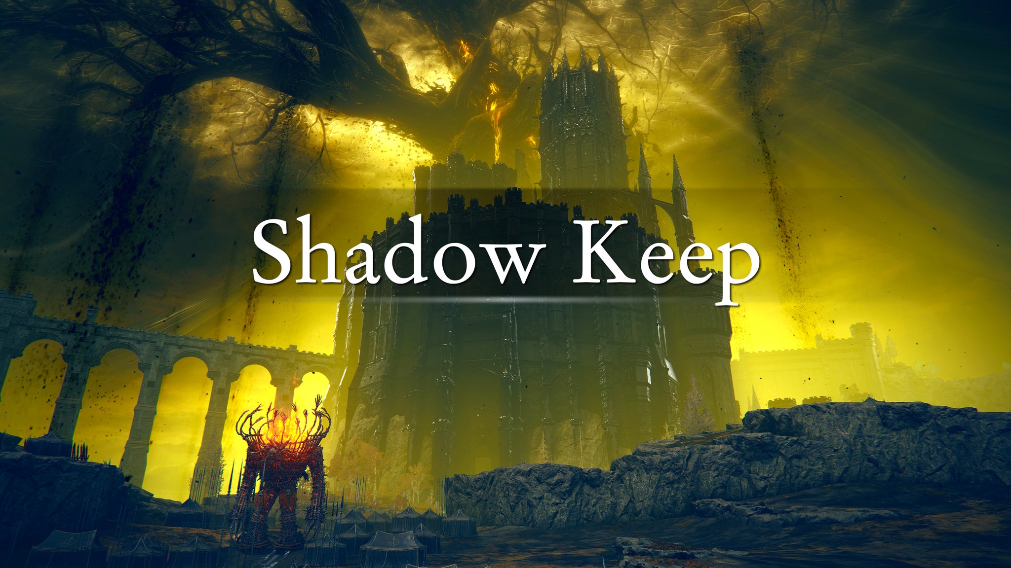 An establishing shot of the region of the Shadow Keep in Elden Ring: Shadow Of The Erdtree, with the region's name emblazoned across the screenshot. - 16