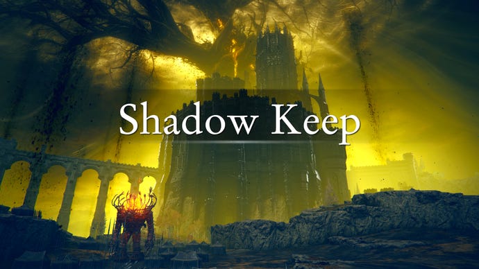 An establishing shot of the region of the Shadow Keep in Elden Ring: Shadow Of The Erdtree, with the region's name emblazoned across the screenshot.