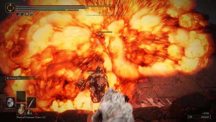 An explosion of fire hits a warrior in the face in the Shadow Keep Church District as they try to find the Prayer Room in Elden Ring Shadow of the Erdtree.