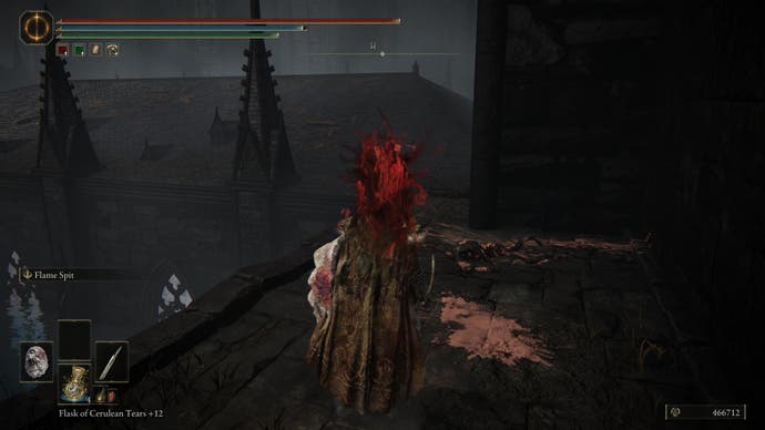 A warrior prepares to make a jump onto a rooftop in the Shadow Keep Church District to find the Prayer Room in Elden Ring Shadow of the Erdtree.