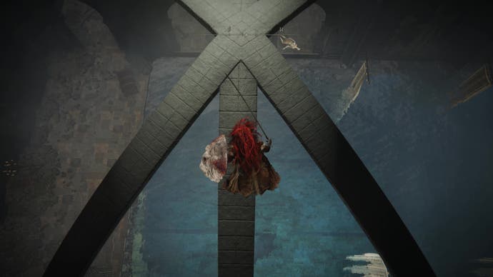 A warrior drops down onto a narrow beam above some water in the Shadow Keep Church District to find the Prayer Room in Elden Ring Shadow of the Erdtree.