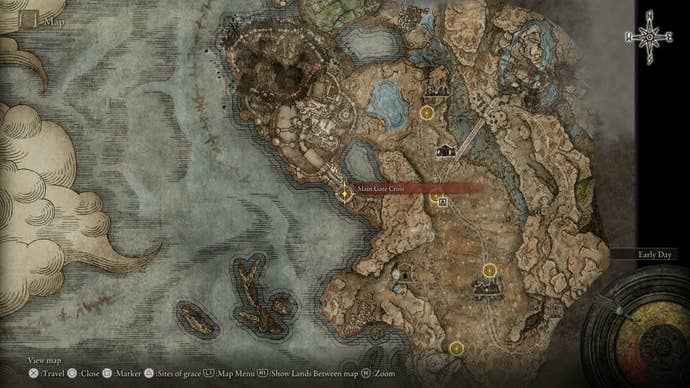 A map screen showing Sir Ansbach's first location in Elden Ring Shadow of the Erdtree.