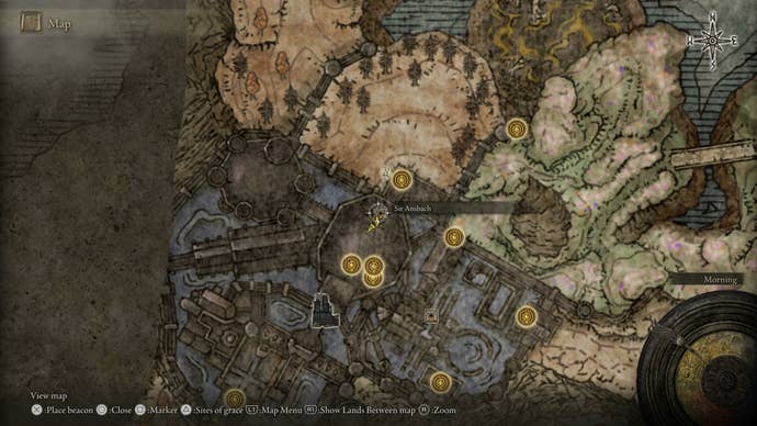 A map screen showing Sir Ansbach's second location in Elden Ring Shadow of the Erdtree.