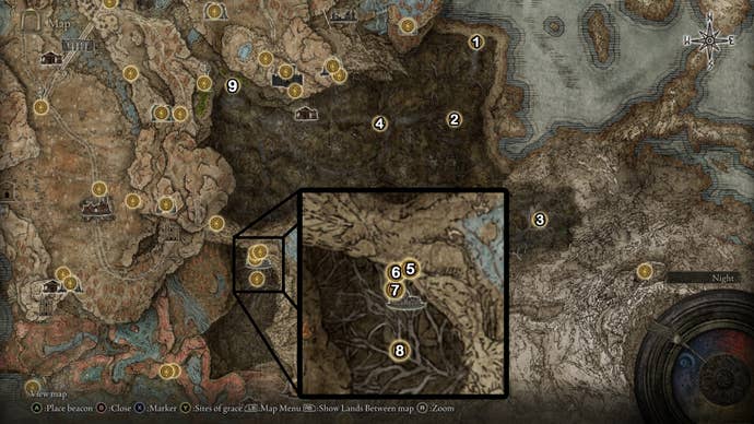 A map screen from Elden Ring Shadow of the Erdtree showing the numbered Site of Grace locations for Abyssal Woods