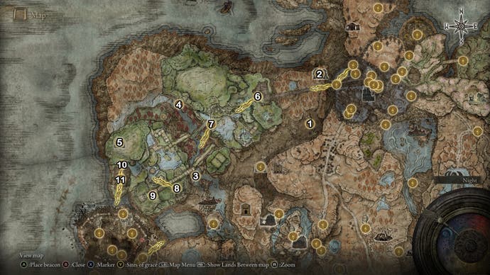 A map screen from Elden Ring Shadow of the Erdtree showing the numbered Site of Grace locations for the Ancient Ruins of Rauh.