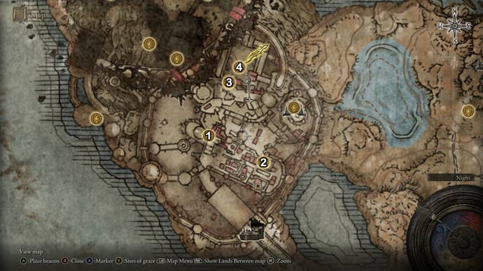 A map screen from Elden Ring Shadow of the Erdtree showing the Site of Grace locations for Belurat Tower Settlement.