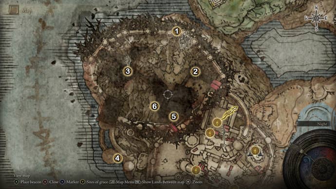 A map screen from Elden Ring Shadow of the Erdtree showing the numbered Site of Grace locations for Enir-Ilim