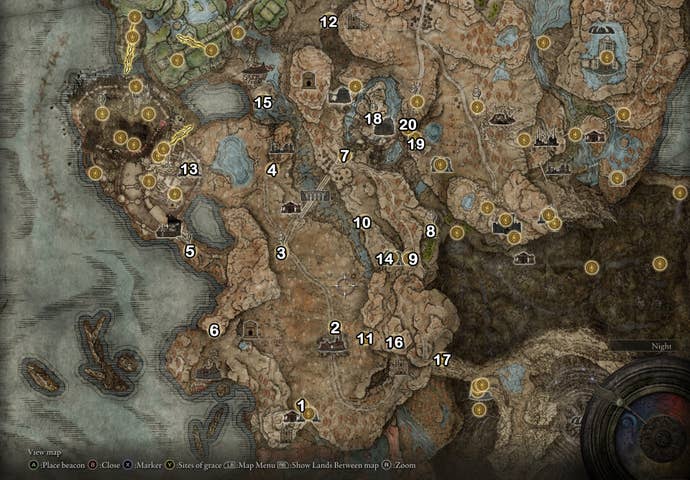 A map screen from Elden Ring Shadow of the Erdtree showing the numbered Site of Grace locations for Gravesite Plain.