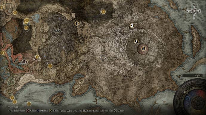 A map screen from Elden Ring Shadow of the Erdtree showing the numbered Site of Grace locations for Jagged Peak